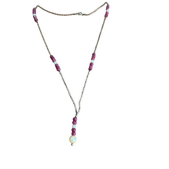 Vintage Sterling Silver Pearl Beaded Necklace Purple Glass Spring Ring Italy 18" - Picture 1 of 5